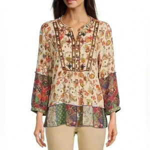 John Mark Embroidered Woven Split V-Neck 3/4 Sleeve Multi Print Tunic Size Large
